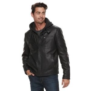 Faux Leather Jacket Men's Medium Bomber Hooded